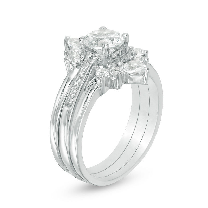 Lab-Created White Sapphire and 1/20 CT. T.W. Diamond Sunburst Three Piece Bridal Set in Sterling Silver