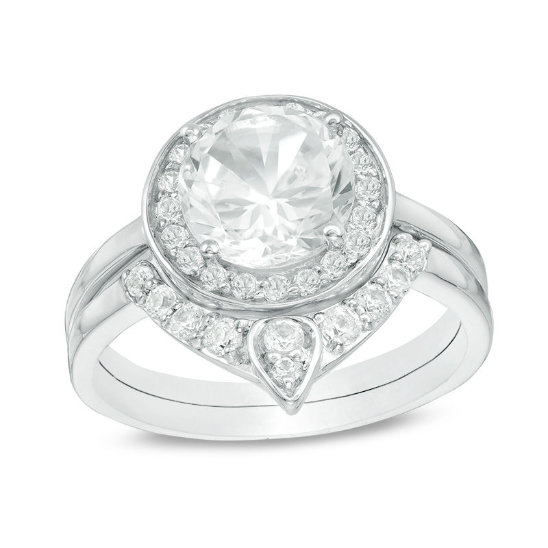 Main Image 1 of 8.0mm Lab-Created White Sapphire Frame Bridal Set in Sterling Silver