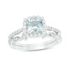 Thumbnail Image 1 of 6.0mm Cushion-Cut Aquamarine and 1/5 CT. T.W. Diamond Frame Art Deco Bridal Set in 10K White Gold