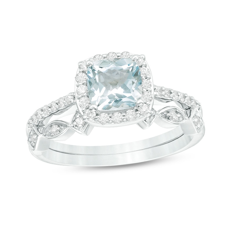 Main Image 1 of 6.0mm Cushion-Cut Aquamarine and 1/5 CT. T.W. Diamond Frame Art Deco Bridal Set in 10K White Gold