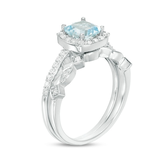 6.0mm Cushion-Cut Aquamarine and 1/5 CT. T.w. Diamond Frame Art Deco Bridal Set in 10K White Gold
