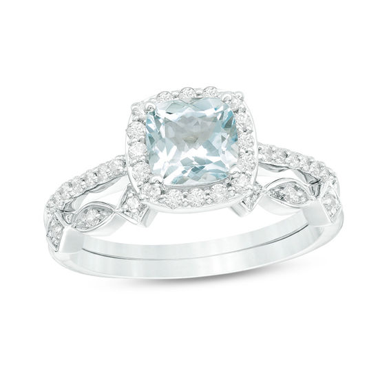 6.0mm Cushion-Cut Aquamarine and 1/5 CT. T.W. Diamond Frame Art Deco ...