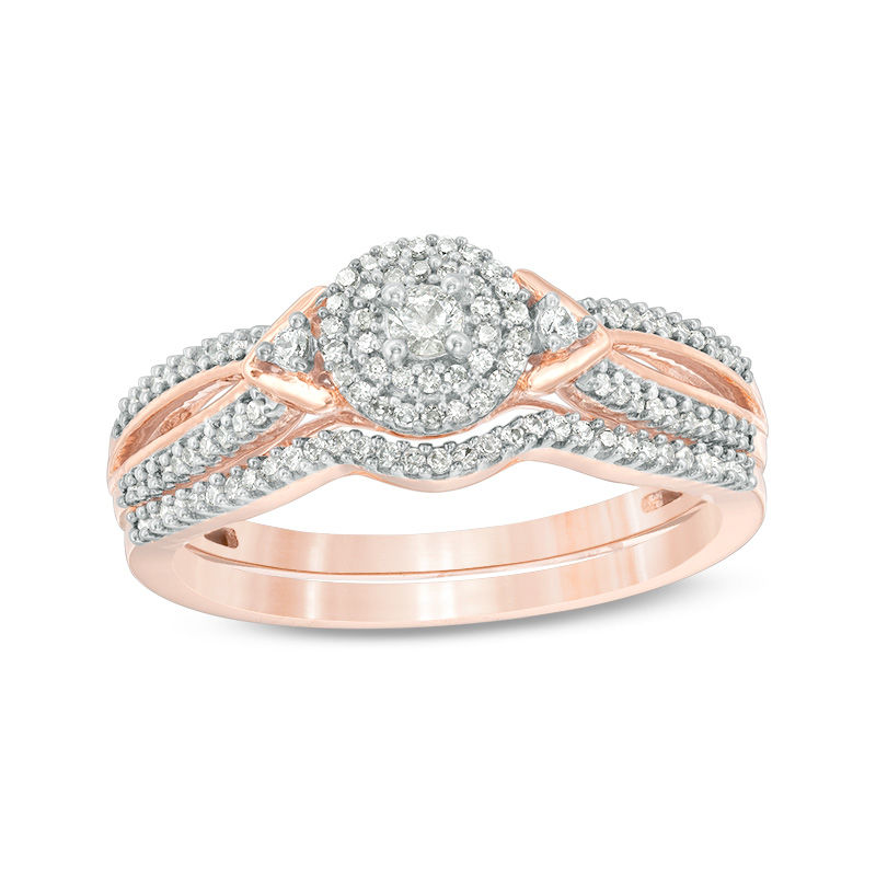 Main Image 1 of 1/4 CT. T.W. Diamond Double Frame V-Sides Bridal Set in 10K Rose Gold