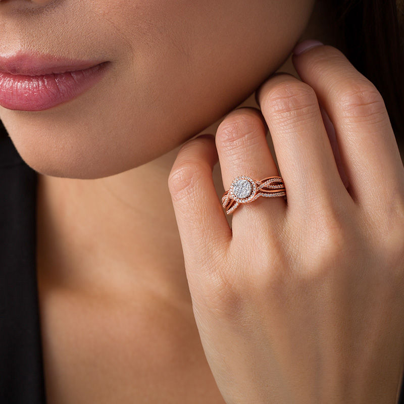 Main Image 2 of 3/8 CT. T.W. Composite Diamond Crossover Shank Bridal Set in 10K Rose Gold