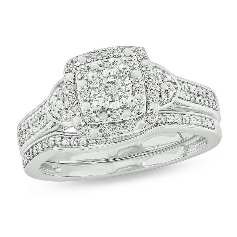 Main Image 1 of 1/3 CT. T.W. Diamond Double Square Frame Tri-Sides Bridal Set in Sterling Silver