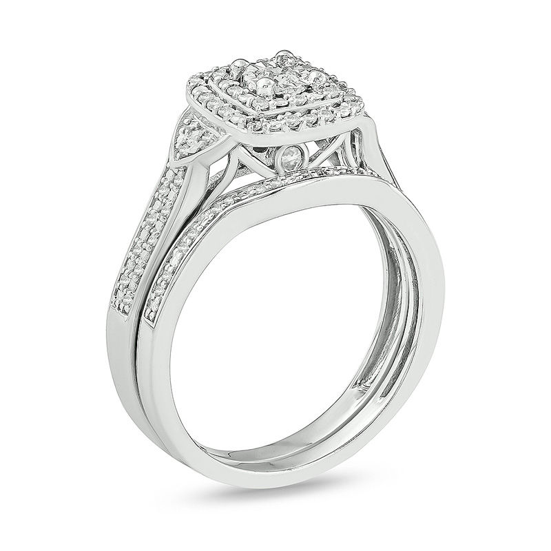 Main Image 2 of 1/3 CT. T.W. Diamond Double Square Frame Tri-Sides Bridal Set in Sterling Silver