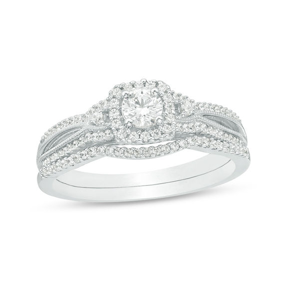 1/2 CT. T.w. Diamond Square Frame Vintage-Style Bridal Set in 10K White Gold