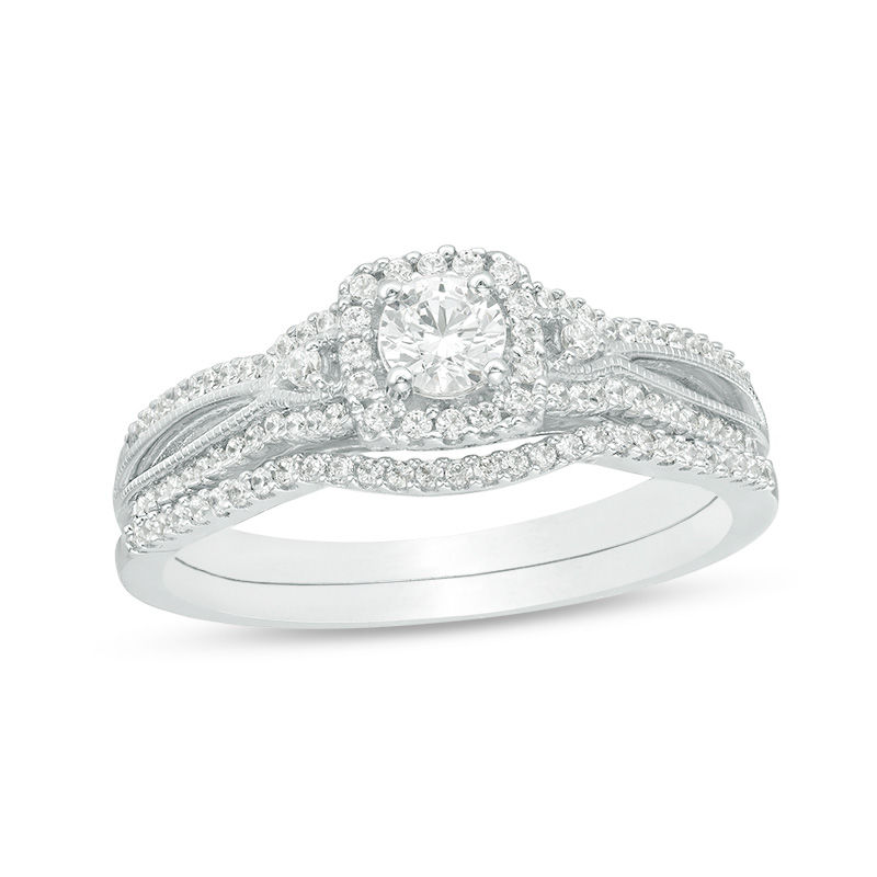 Main Image 1 of 1/2 CT. T.W. Diamond Square Frame Vintage-Style Bridal Set in 10K White Gold