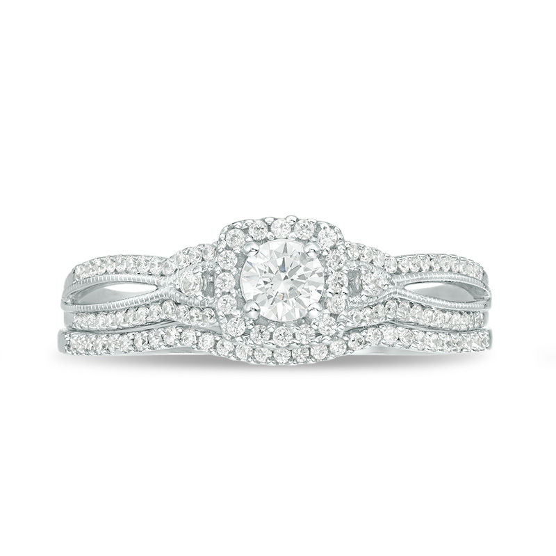 Main Image 4 of 1/2 CT. T.W. Diamond Square Frame Vintage-Style Bridal Set in 10K White Gold
