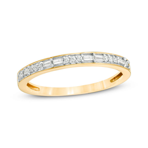 1/8 CT. T.w. Baguette and Round Diamond Two Stone Alternating Stackable Band in 10K Gold