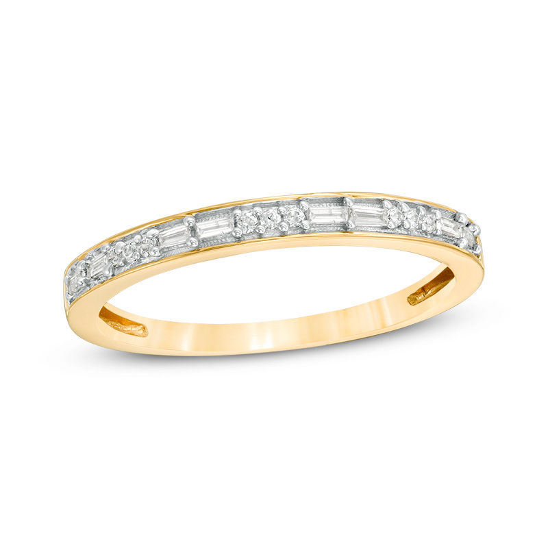 1/8 CT. T.W. Baguette and Round Diamond Two Stone Alternating Stackable Band in 10K Gold