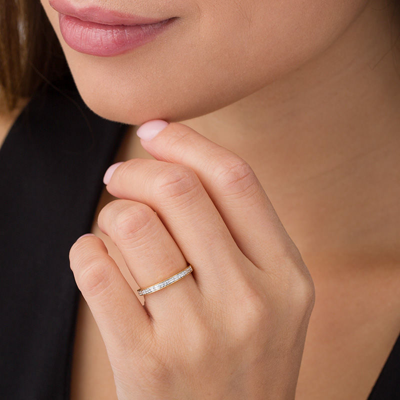 Main Image 3 of 1/8 CT. T.W. Baguette and Round Diamond Two Stone Alternating Stackable Band in 10K Gold