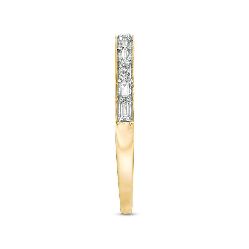 Main Image 4 of 1/8 CT. T.W. Baguette and Round Diamond Two Stone Alternating Stackable Band in 10K Gold