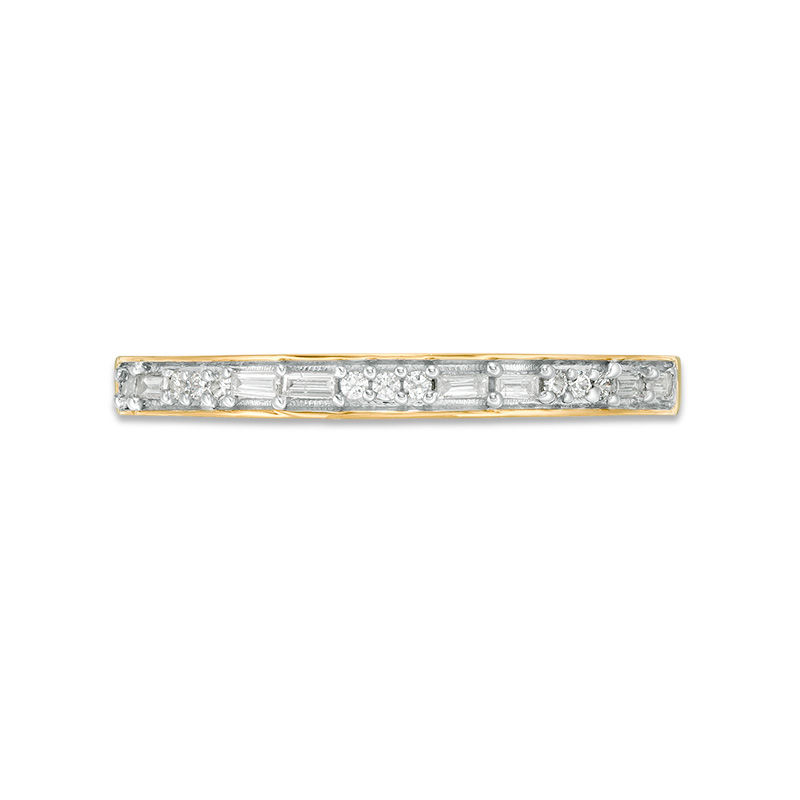 Main Image 6 of 1/8 CT. T.W. Baguette and Round Diamond Two Stone Alternating Stackable Band in 10K Gold