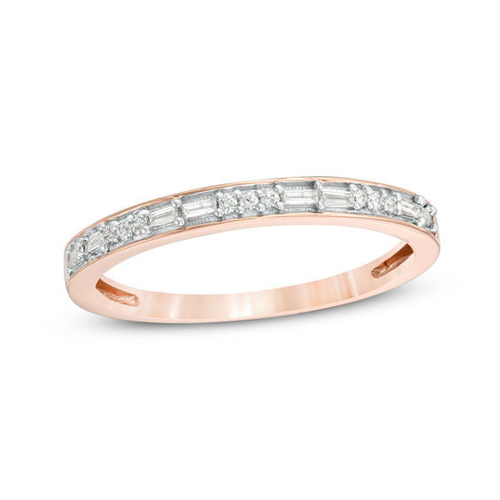 1/8 CT. T.w. Baguette and Round Diamond Two Stone Alternating Stackable Band in 10K Rose Gold