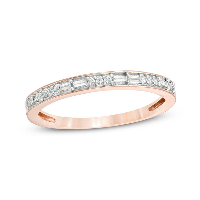 Main Image 1 of 1/8 CT. T.W. Baguette and Round Diamond Two Stone Alternating Stackable Band in 10K Rose Gold