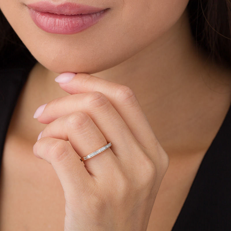 1/8 CT. T.W. Baguette and Round Diamond Two Stone Alternating Stackable Band in 10K Rose Gold