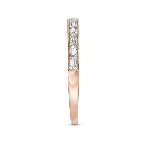 1/8 CT. T.w. Baguette and Round Diamond Two Stone Alternating Stackable Band in 10K Rose Gold