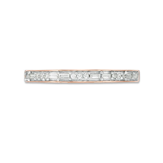 1/8 CT. T.w. Baguette and Round Diamond Two Stone Alternating Stackable Band in 10K Rose Gold