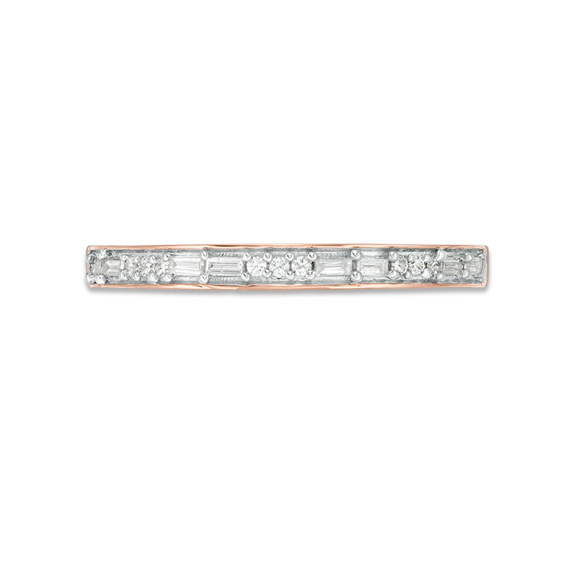 Main Image 6 of 1/8 CT. T.W. Baguette and Round Diamond Two Stone Alternating Stackable Band in 10K Rose Gold