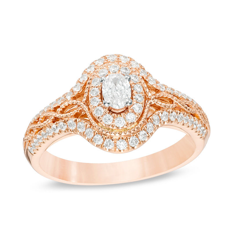 Main Image 1 of 1/2 CT. T.W. Oval Diamond Frame Vintage Style Engagement Ring in 14K Rose Gold