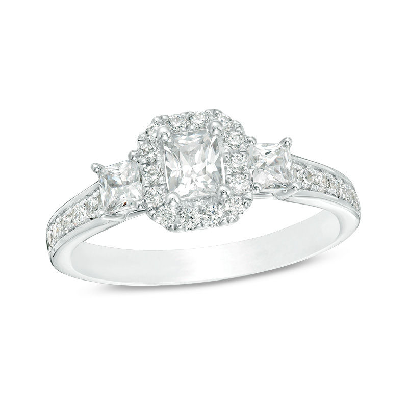 Main Image 1 of 1 CT. T.W. Certified Emerald-Cut Diamond Frame Past Present Future® Engagement Ring in 14K White Gold (I/I1)