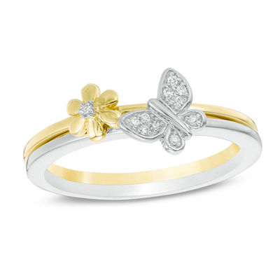 1 20 ct t w diamond flower and butterfly two piece stackable ring set in 10k two tone gold two ring