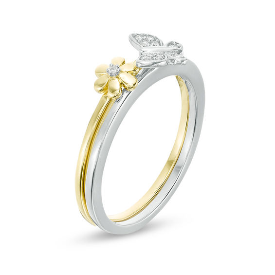 1/20 CT. T.w. Diamond Flower and Butterfly Two Piece Stackable Ring Set in 10K Two-Tone Gold