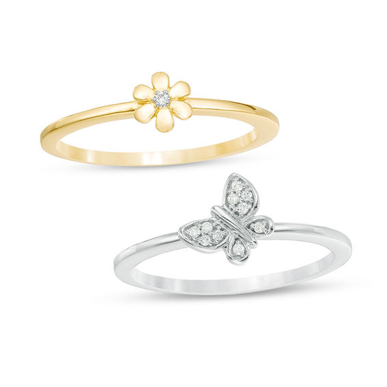 1/20 CT. T.w. Diamond Flower and Butterfly Two Piece Stackable Ring Set in 10K Two-Tone Gold