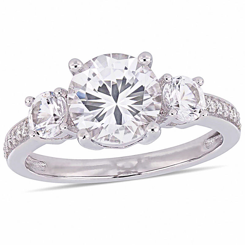 Main Image 1 of Lab-Created White Sapphire and 1/15 CT. T.W. Diamond Three Stone Engagement Ring in 10K White Gold