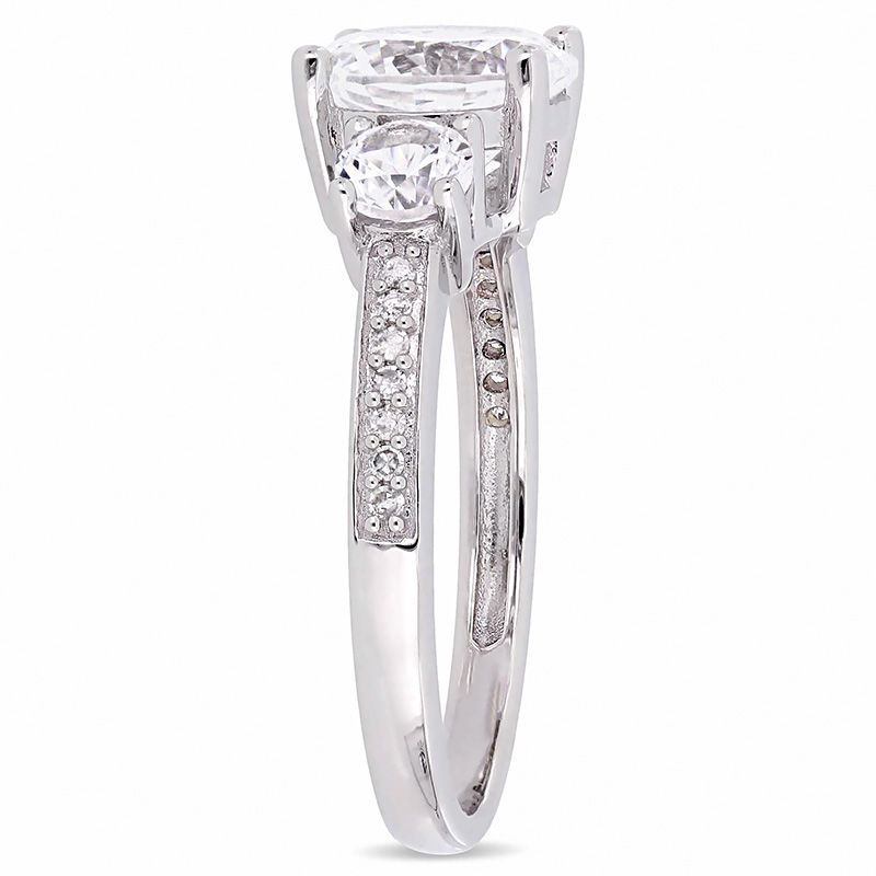 Main Image 2 of Lab-Created White Sapphire and 1/15 CT. T.W. Diamond Three Stone Engagement Ring in 10K White Gold