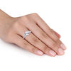 Thumbnail Image 4 of Lab-Created White Sapphire and 1/15 CT. T.W. Diamond Three Stone Engagement Ring in 10K White Gold