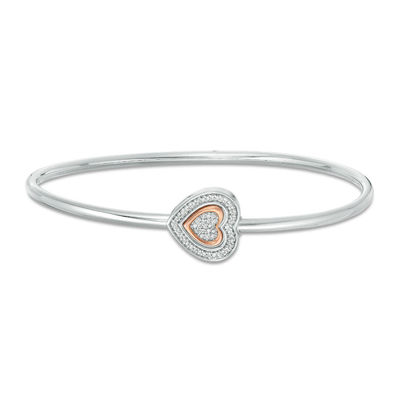 Convertibilities 1/10 CT. T.W. Diamond Heart Frame Flex Two-in-One Bangle in Sterling Silver and 10K Rose Gold