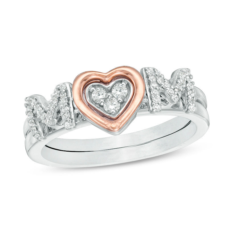 Convertibilities 1/6 CT. T.W. Diamond Heart "MOM" Three-in-One Ring in Sterling Silver and 10K Rose Gold