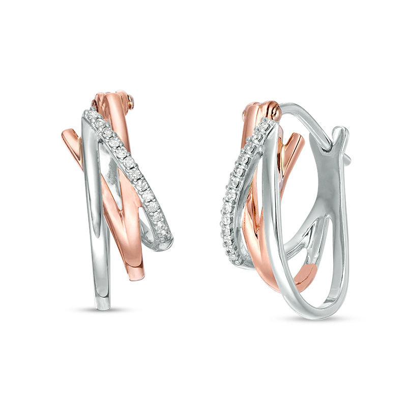 Main Image 1 of 1/15 CT. T. W. Diamond Inverted "V"-Shape Hoop Earrings in 10K Two-Tone Gold