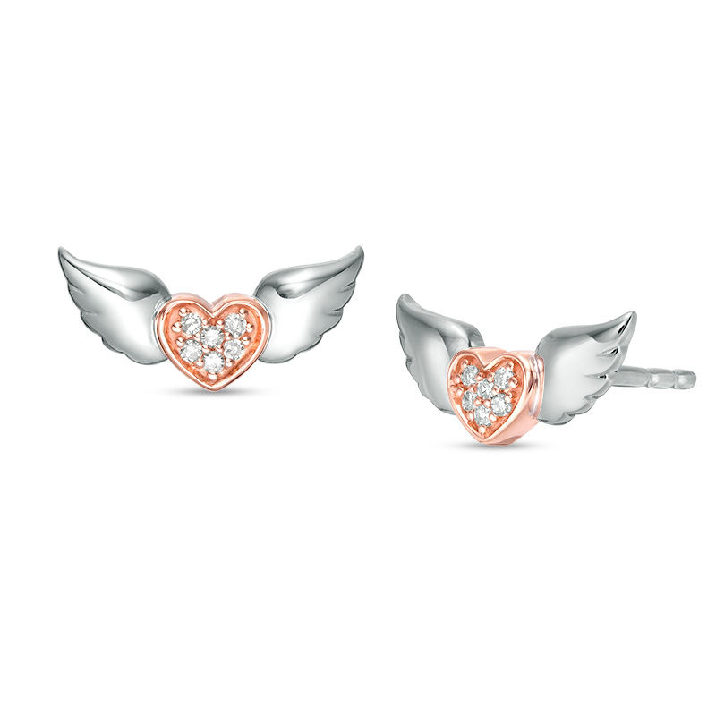 Main Image 1 of Diamond Accent Winged Heart Single Stud Earring in Sterling Silver and 10K Rose Gold