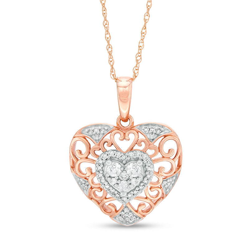 Main Image 1 of 1/4 CT. T.W. Diamond Filigree Heart Pendant in 10K Two-Tone Gold