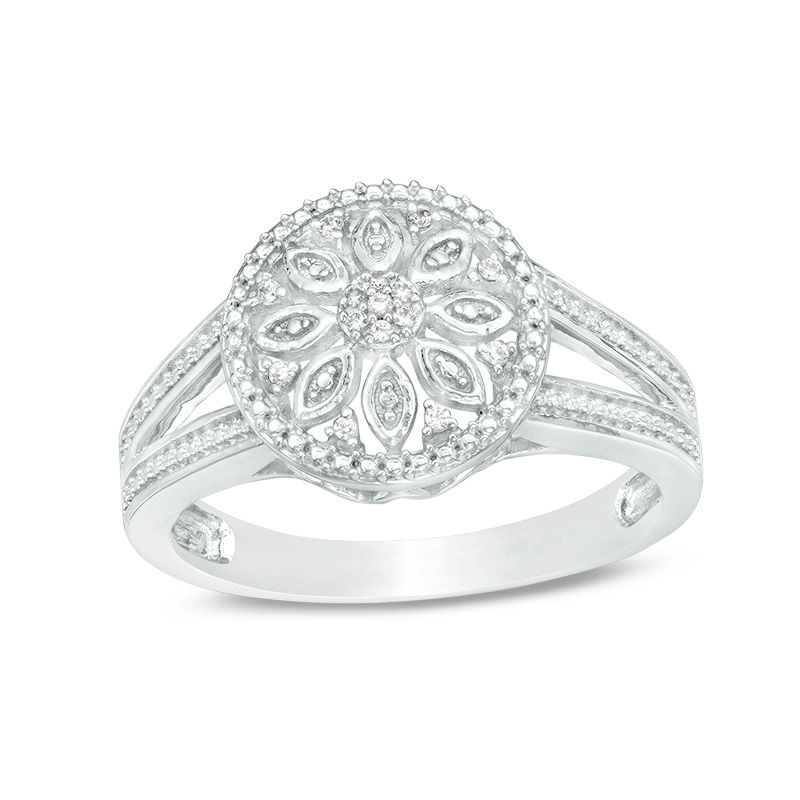 Main Image 1 of 1/20 CT. T.W. Diamond Flower Frame Ring in Sterling Silver