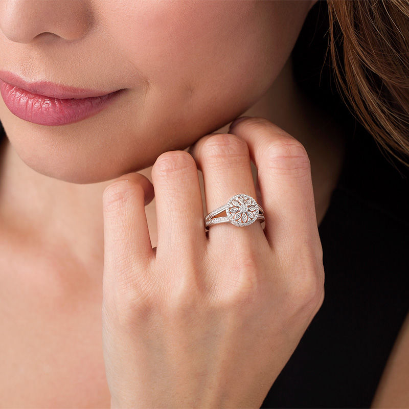 Main Image 3 of 1/20 CT. T.W. Diamond Flower Frame Ring in Sterling Silver