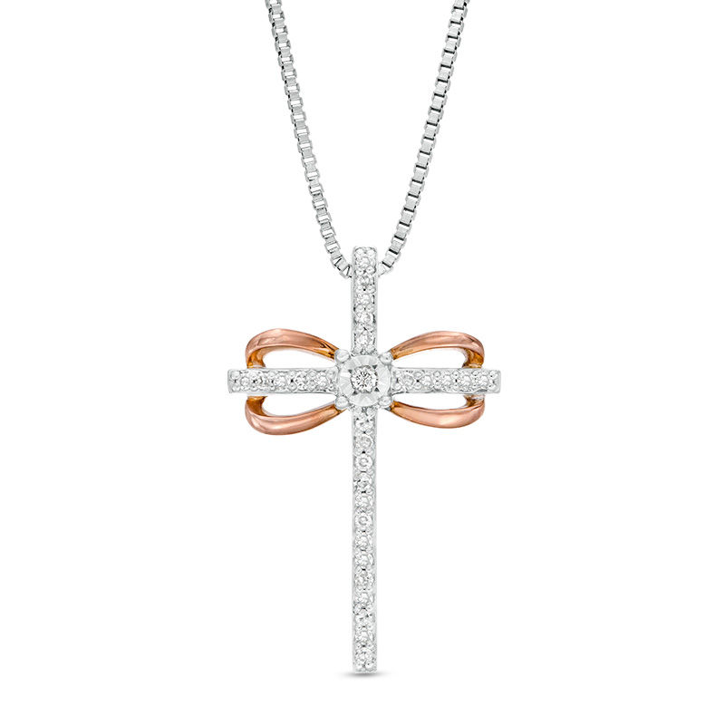 Main Image 1 of 1/10 CT. T.W. Diamond Infinity Cross Pendant in Sterling Silver and 10K Rose Gold
