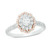 Thumbnail Image 0 of 3/4 CT. T.W. Certified Oval Diamond Double Scallop Frame Engagement Ring in 14K Two-Tone Gold (I/SI1)