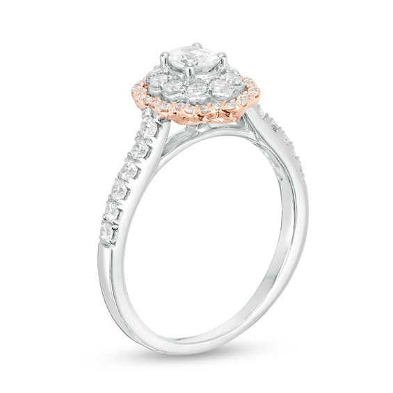 3/4 CT. T.w. Certified Oval Diamond Double Scallop Frame Engagement Ring in 14K Two-Tone Gold (I/Si1)