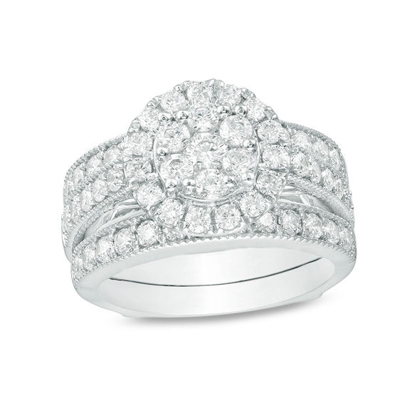 2 CT. T.w. Composite Diamond Frame Vintage Style Bridal Set in 14K White Gold
