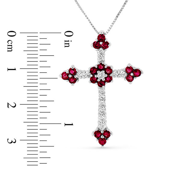 Ruby and 1/3 CT. T.w. Diamond Floral Cross Pendant in 14K White Gold