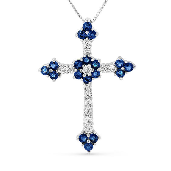 Ruby and 1 3 CT. T.W. Diamond Floral Cross Pendant in 14K White