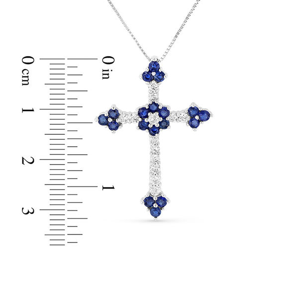 Blue Sapphire and 1/3 CT. T.w. Diamond Floral Cross Pendant in 14K White Gold