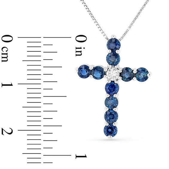 Blue Sapphire and 1/15 CT. Diamond Cross Pendant in 14K White Gold