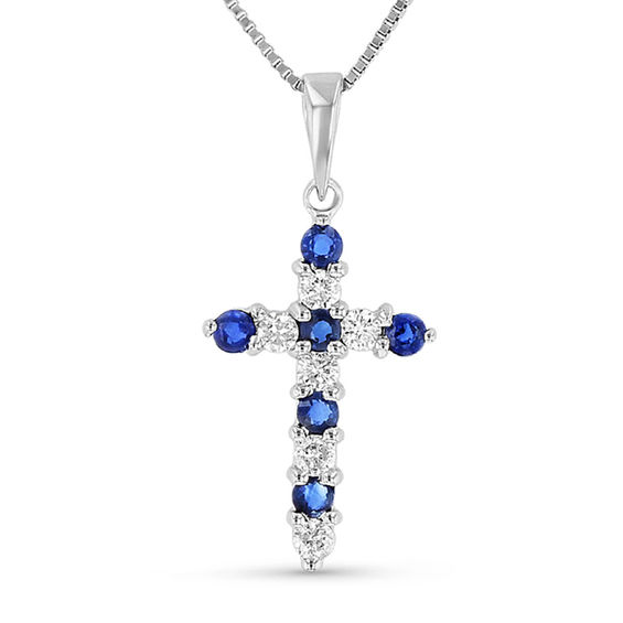 Blue Sapphire and 1/6 CT. T.w. Diamond Alternating Motif Cross Pendant in 14K White Gold