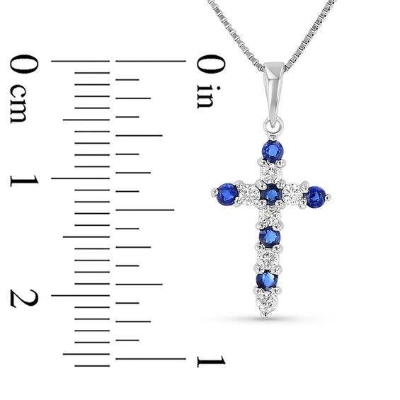 Blue Sapphire and 1/6 CT. T.w. Diamond Alternating Motif Cross Pendant in 14K White Gold
