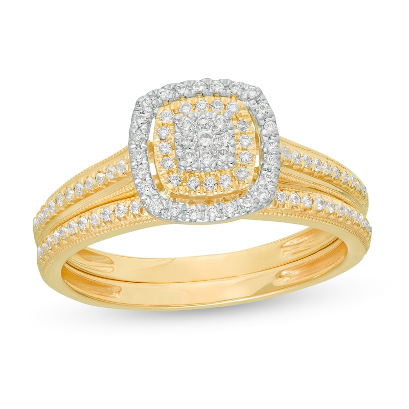 Main Image 1 of 1/3 CT. T.W. Composite Diamond Double Cushion Frame Vintage-Style Bridal Set in 10K Gold
